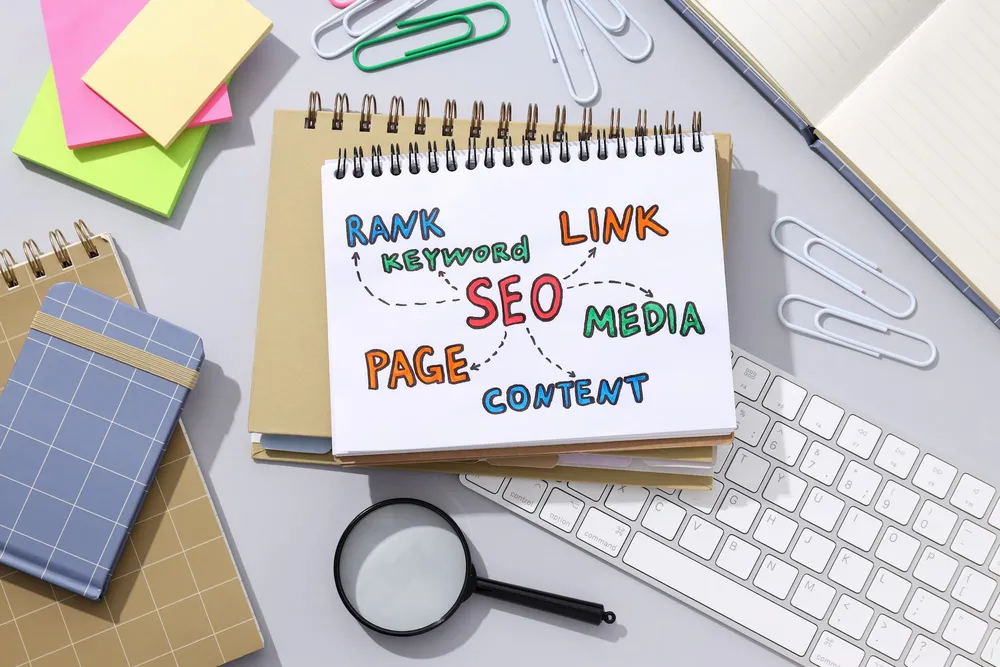 notebook on table describing SEO best practices 2024