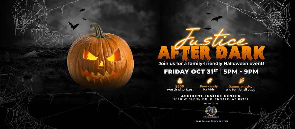 Creative flyer for Accident Justice "Justice After Dark" event.