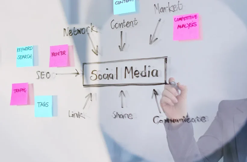 Person writing on glass wall with dry erase marker brainstorming social media plan